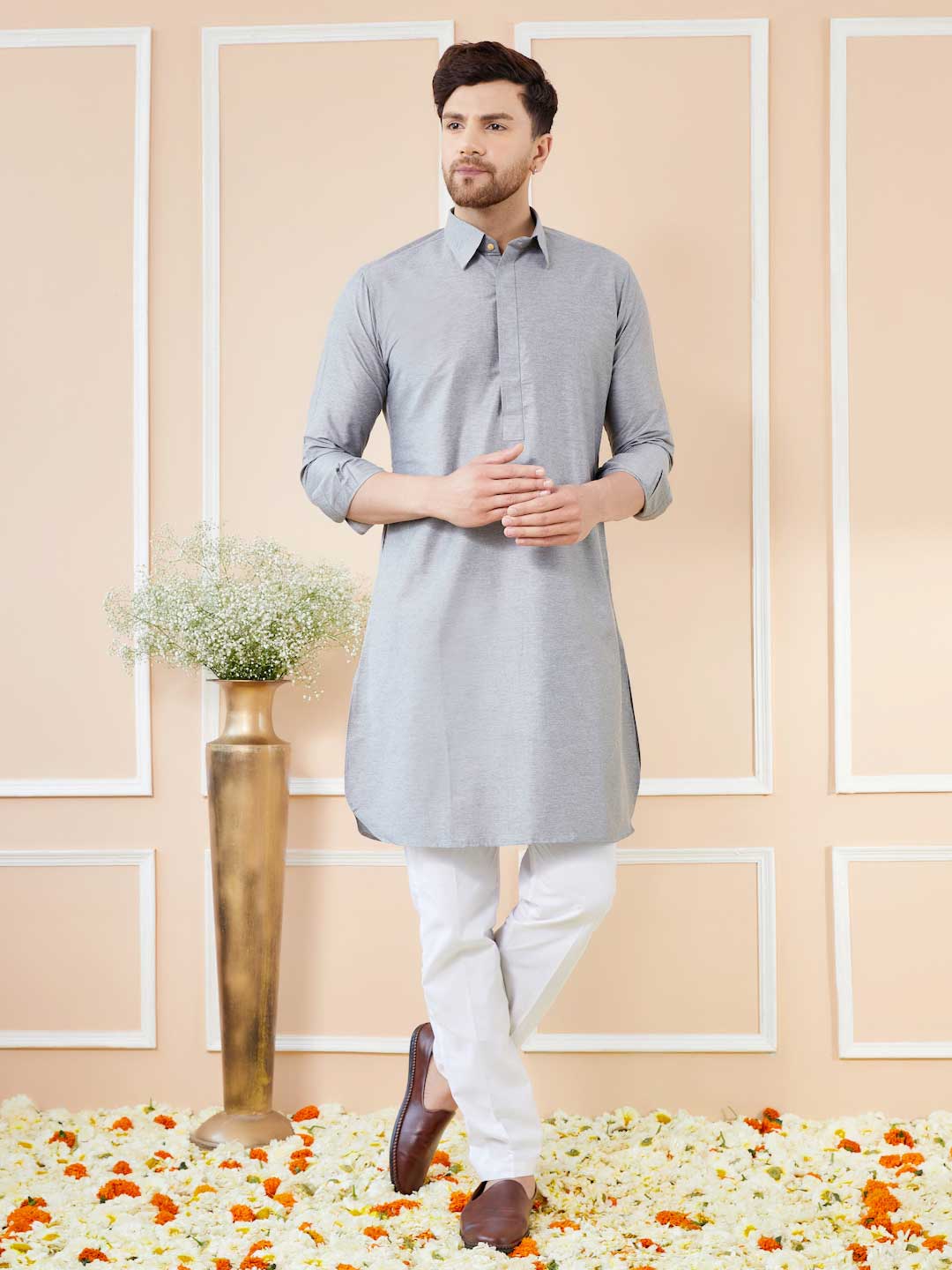 Grey Cotton Solid Pathani Kurta with Pyjama