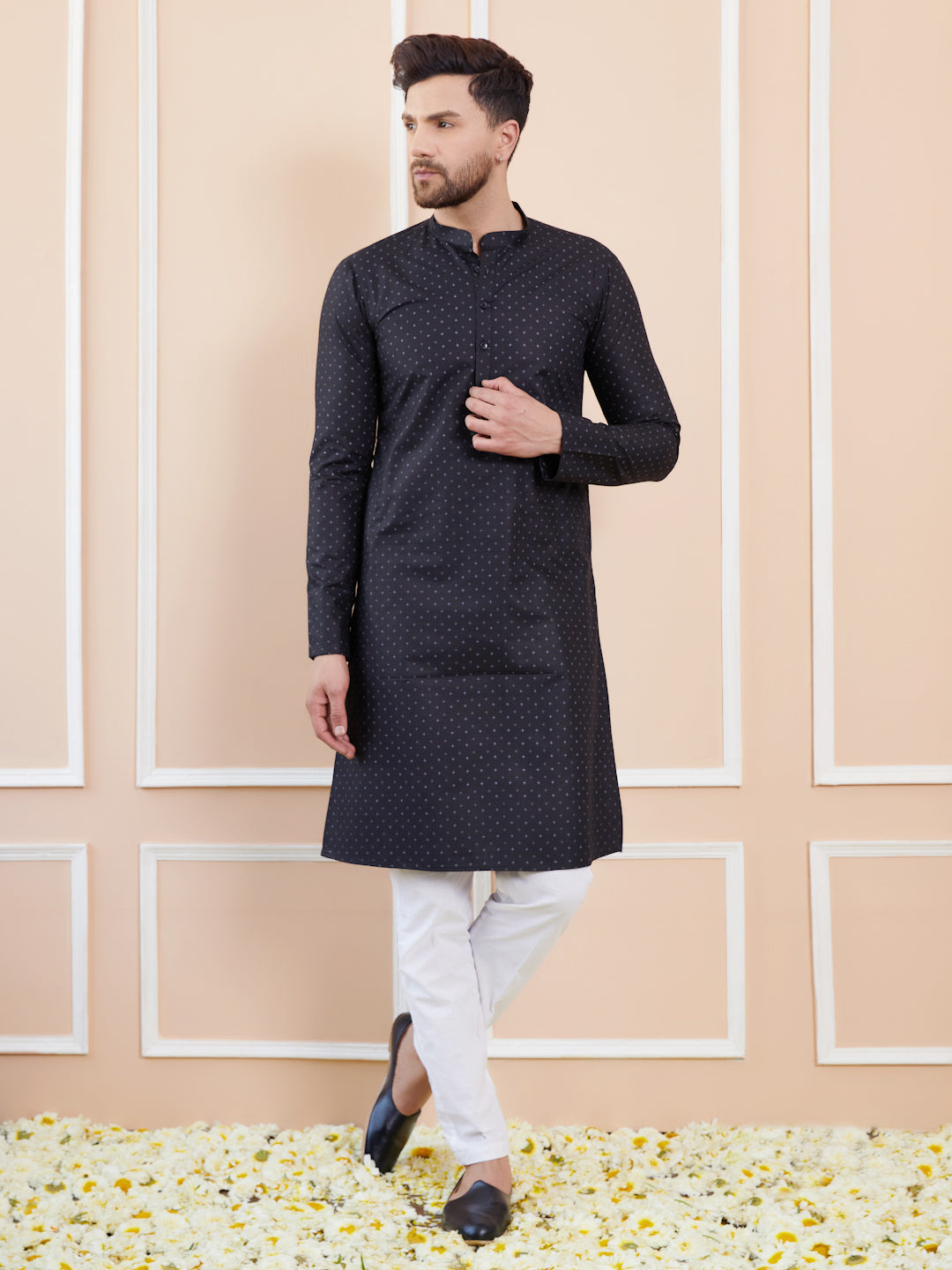 Black Printed Cotton Straight Kurta