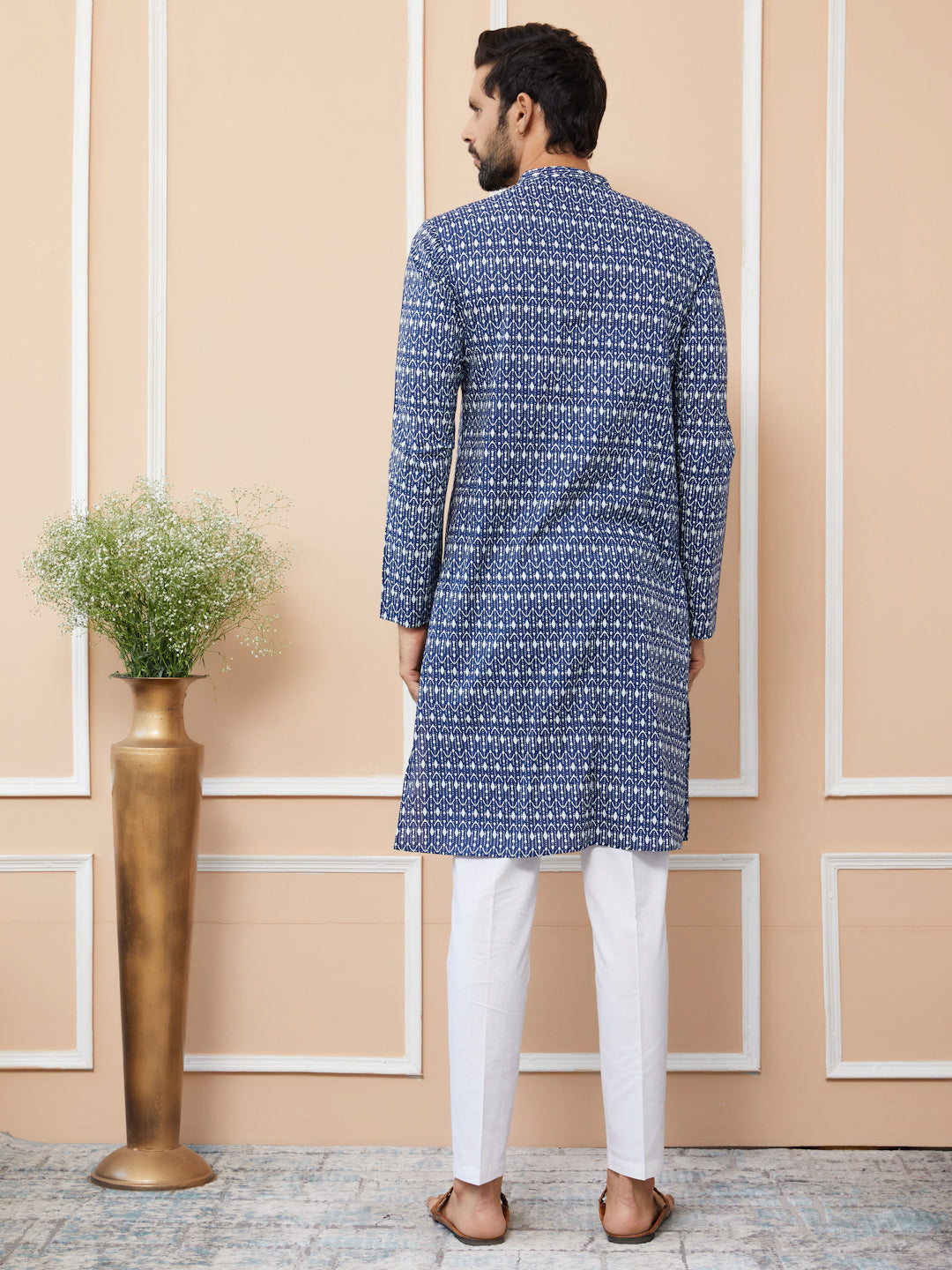 Blue Printed Pure Cotton Straight Kurta with Pyjama