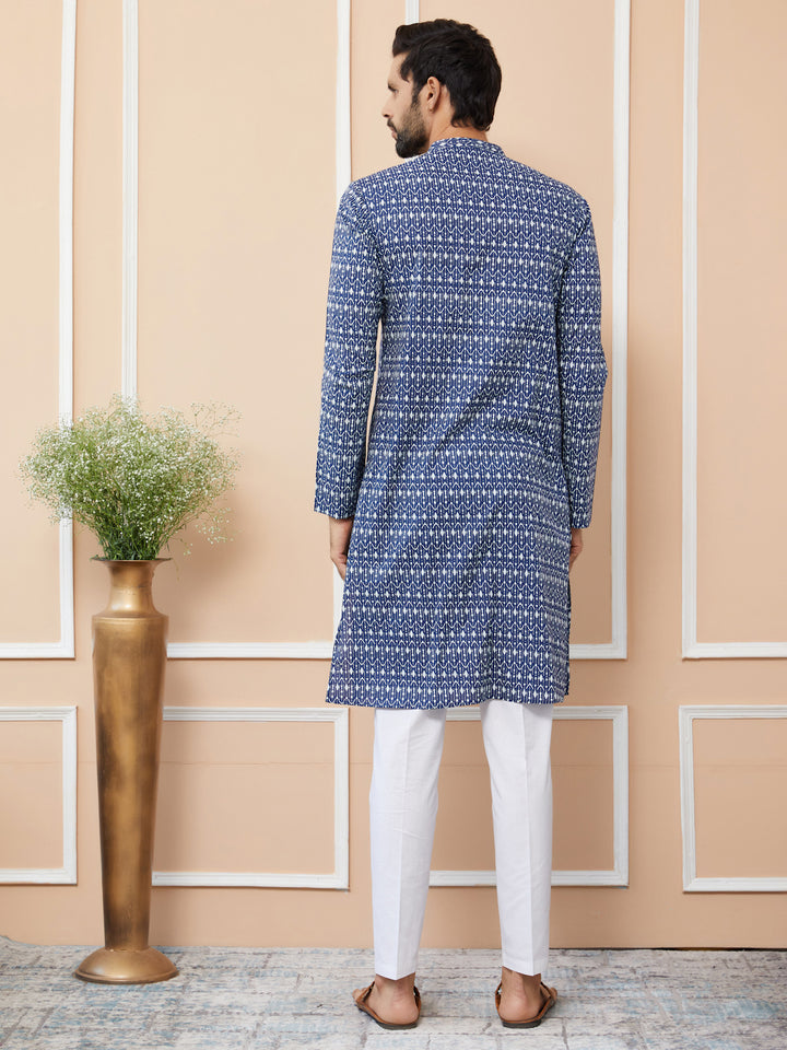 Blue Printed Pure Cotton Straight Kurta with Pyjama