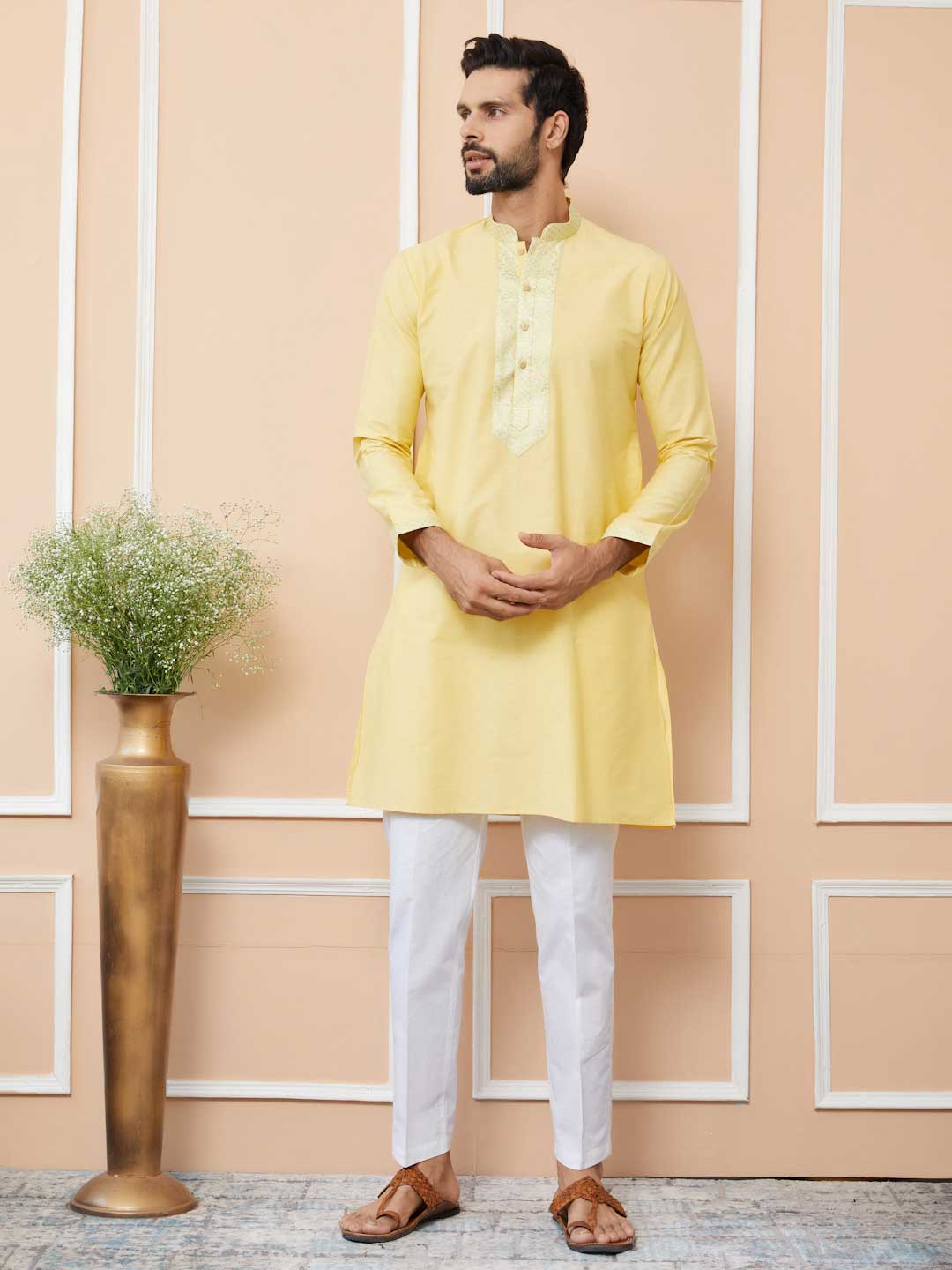 Yellow Solid Cotton Straight Kurta with Jacquard neckline