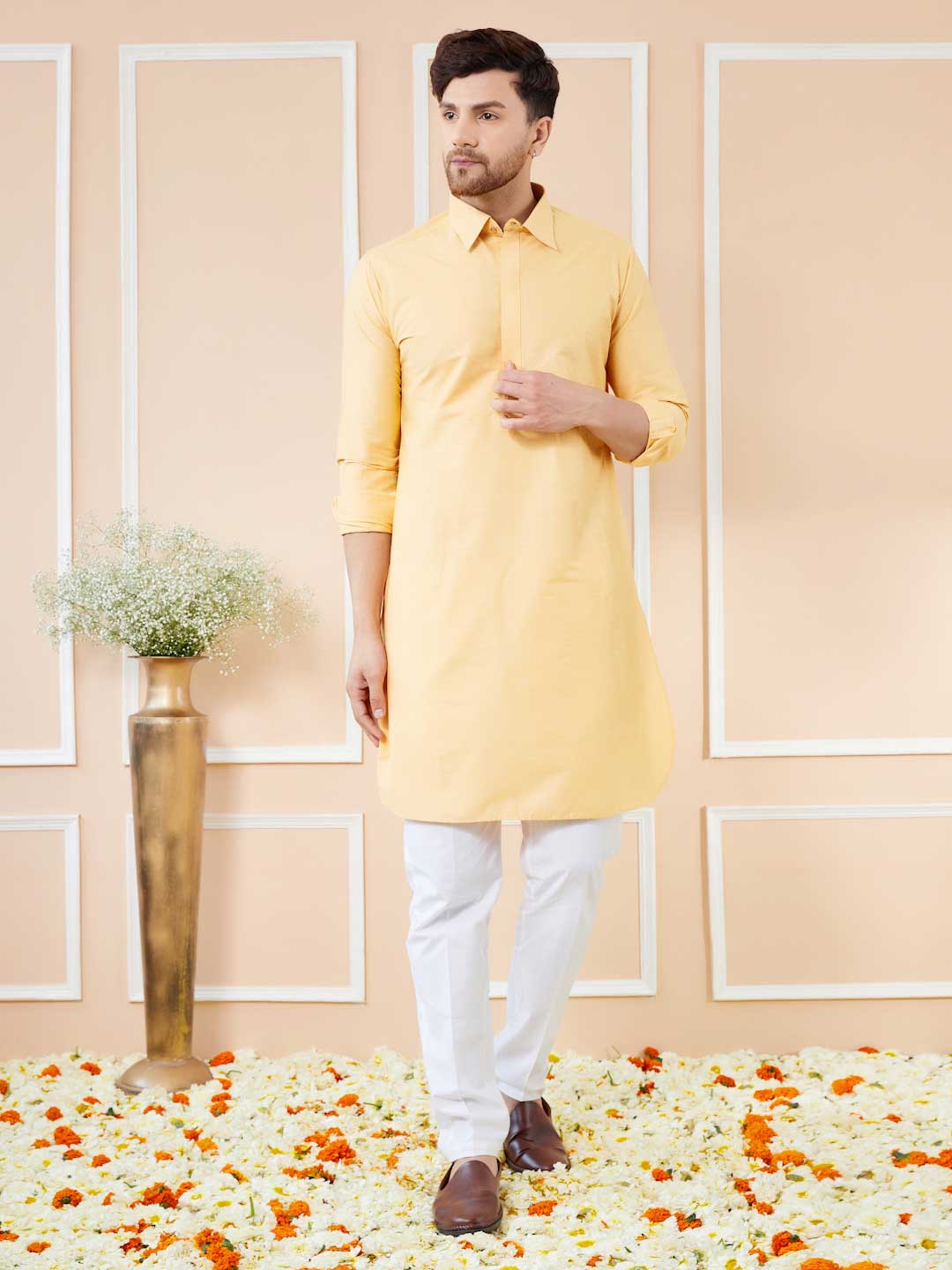 Yellow Cotton Solid Pathani Kurta with Pyjama