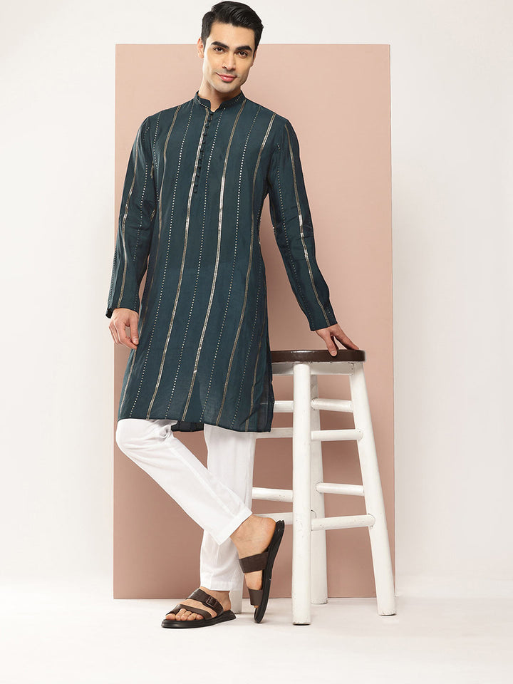 Dark Blue Chanderi Silk Kurta with Sequin Embroidery, Paired with Pyjama