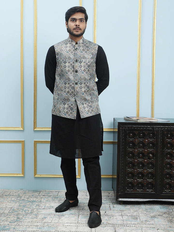 Pure Cotton Straight Kurta & Pyjama Set with Printed Cotton Nehru Jacket