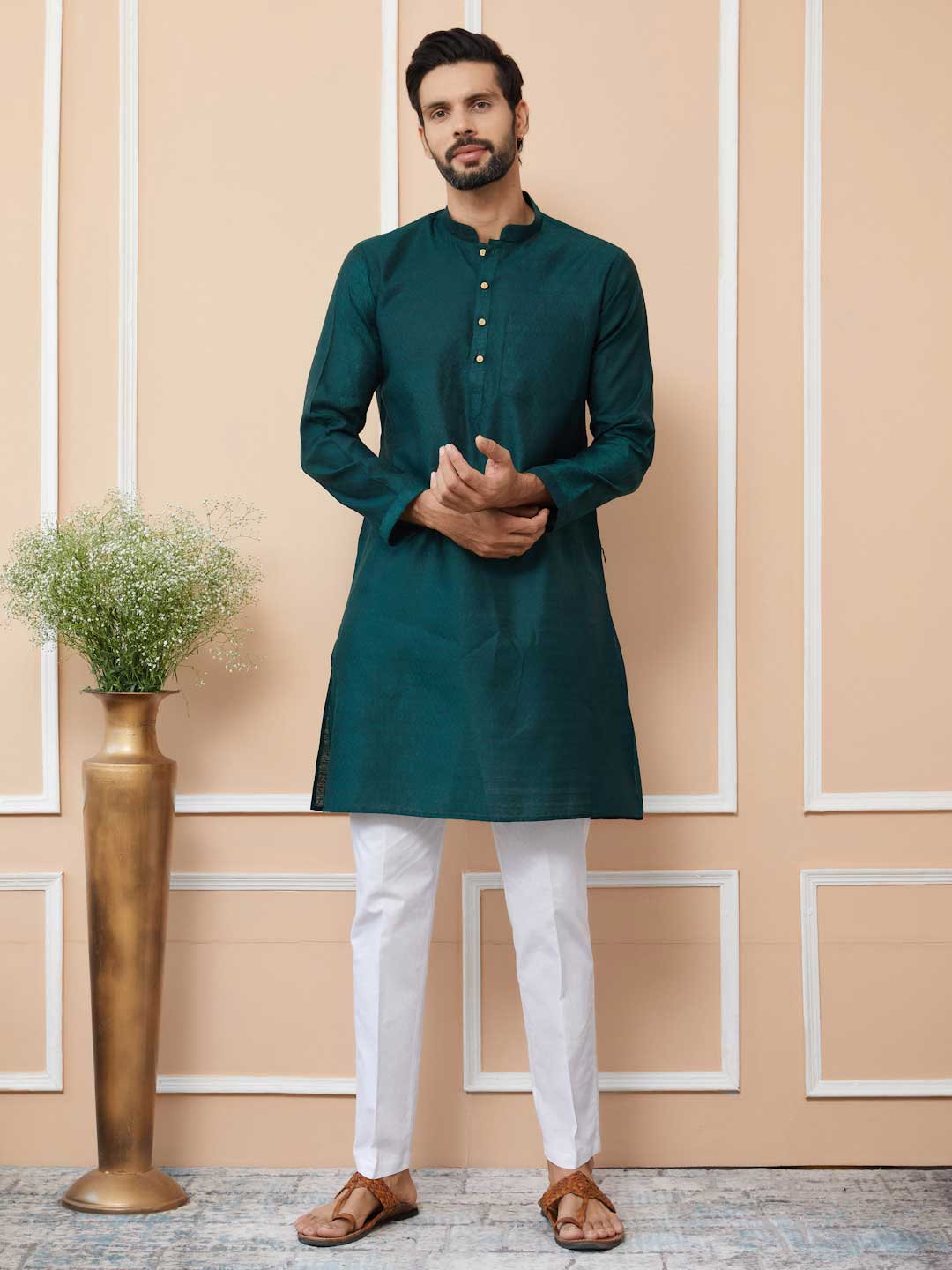 Dark Green Ethnic Motifs Silk Jacquard Woven Design Straight Kurta