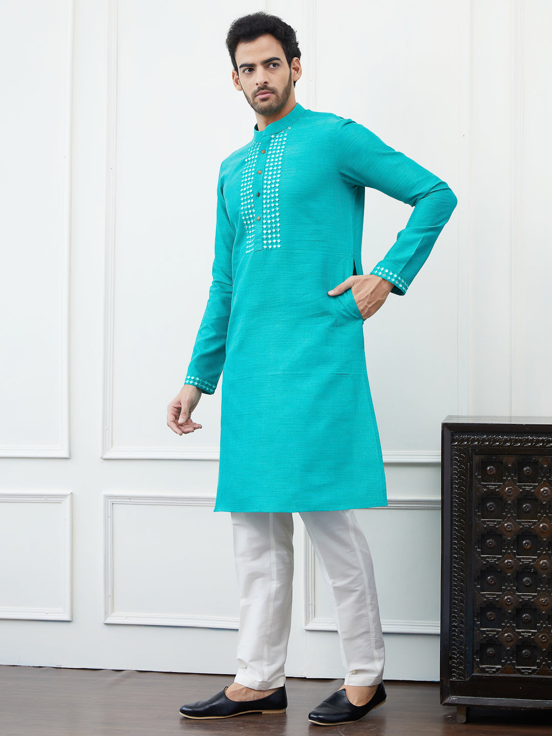 Embroidered Sequin Mirror Worked Pure Cotton Straight Kurta