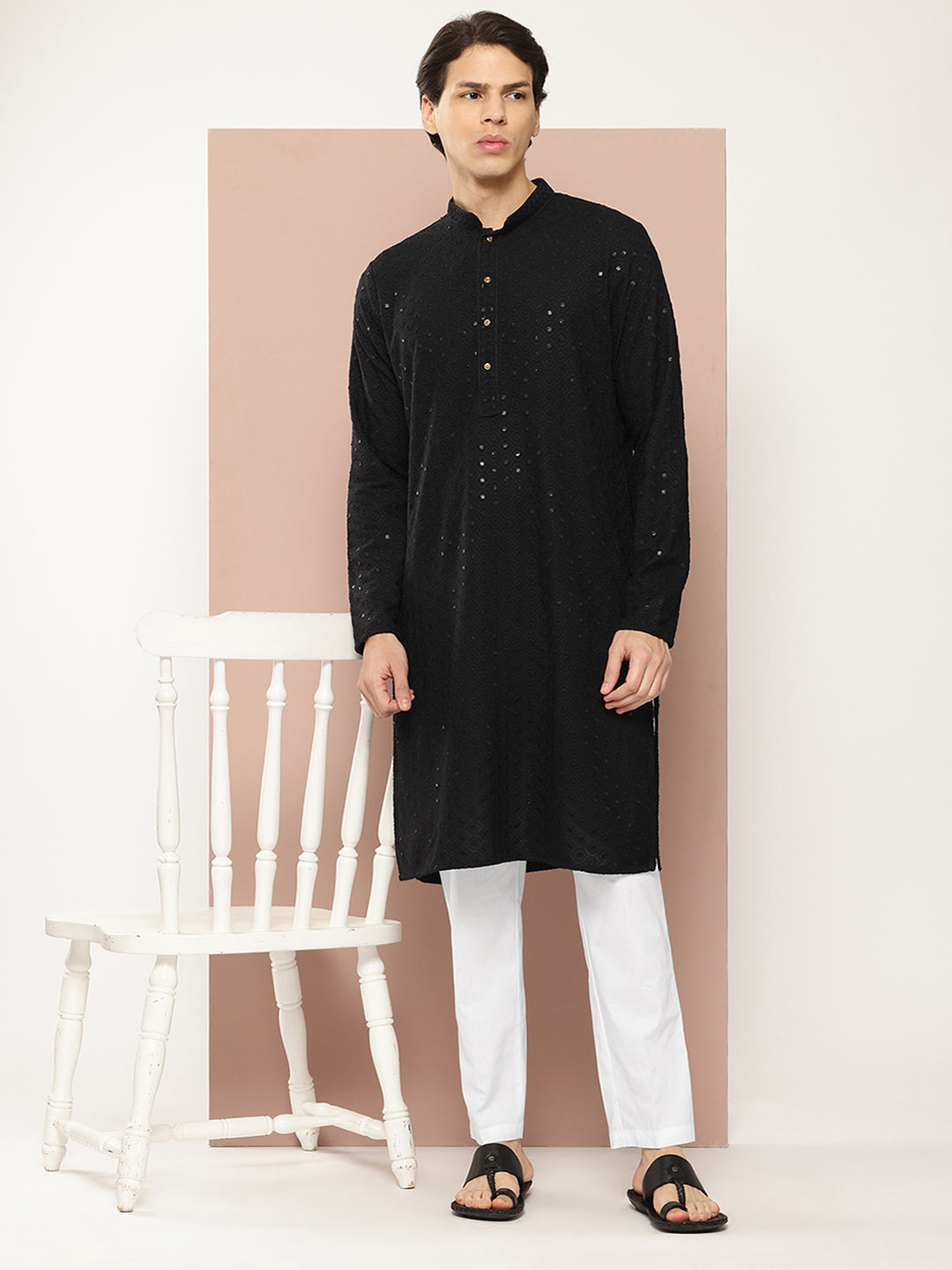 Men's Black Sequin Embroidered Rayon Kurta, Paired with Pyjama