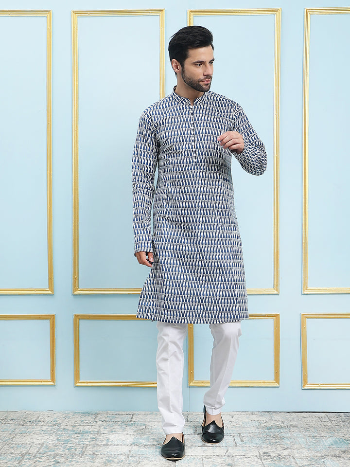 Blue Printed Pure Cotton New Design Straight Kurta