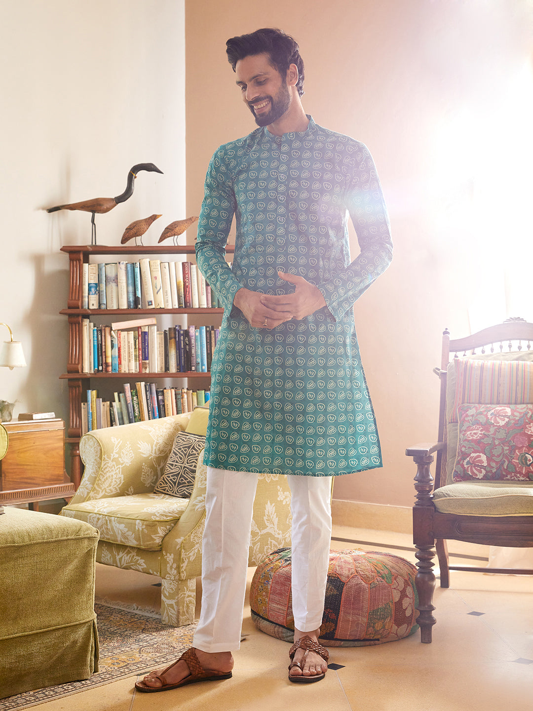 Leaf Printed Pure Cotton Straight Kurta with Pyjama