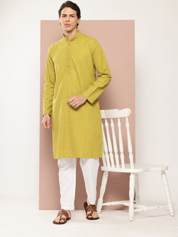 Lime Green Sequin Embroidered Rayon Kurta, Paired with Pyjama