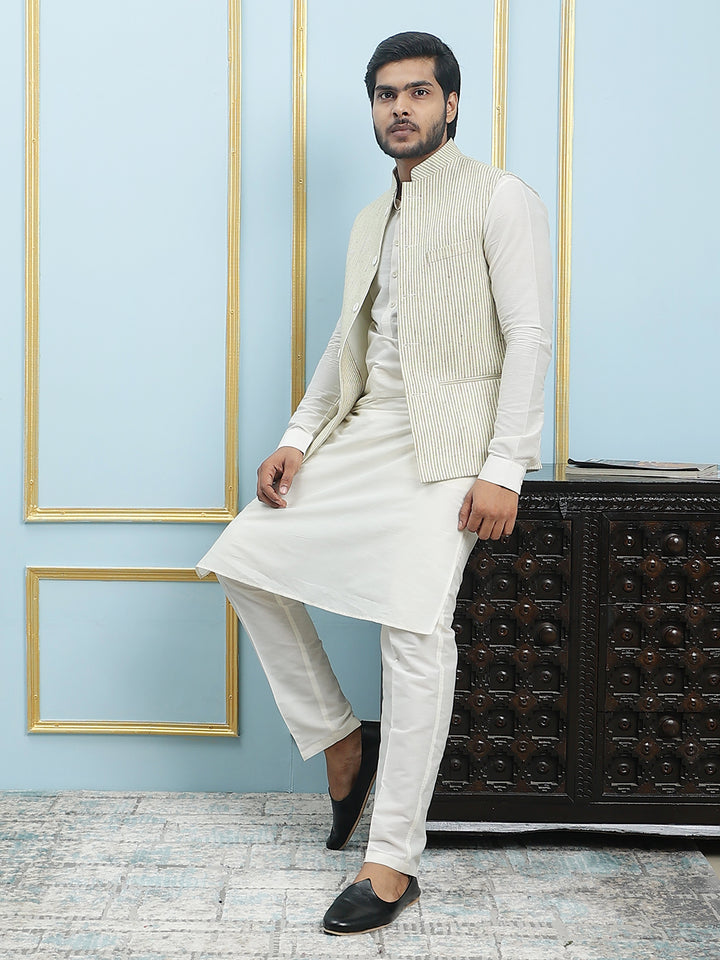 Pure Silk Straight Kurta & Pyjama Set with Handwoven Nehru Jacket