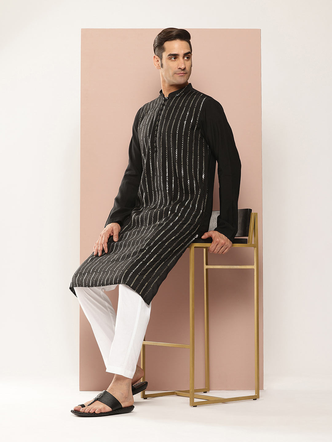 Black Chanderi Silk Kurta with Sequin Embroidery, Paired with Pyjama