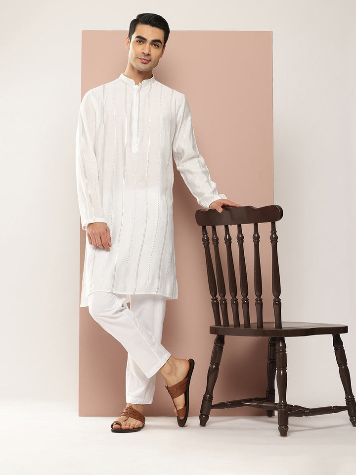 Off White Chanderi Silk Kurta with Sequin Embroidery, Paired with Pyjama