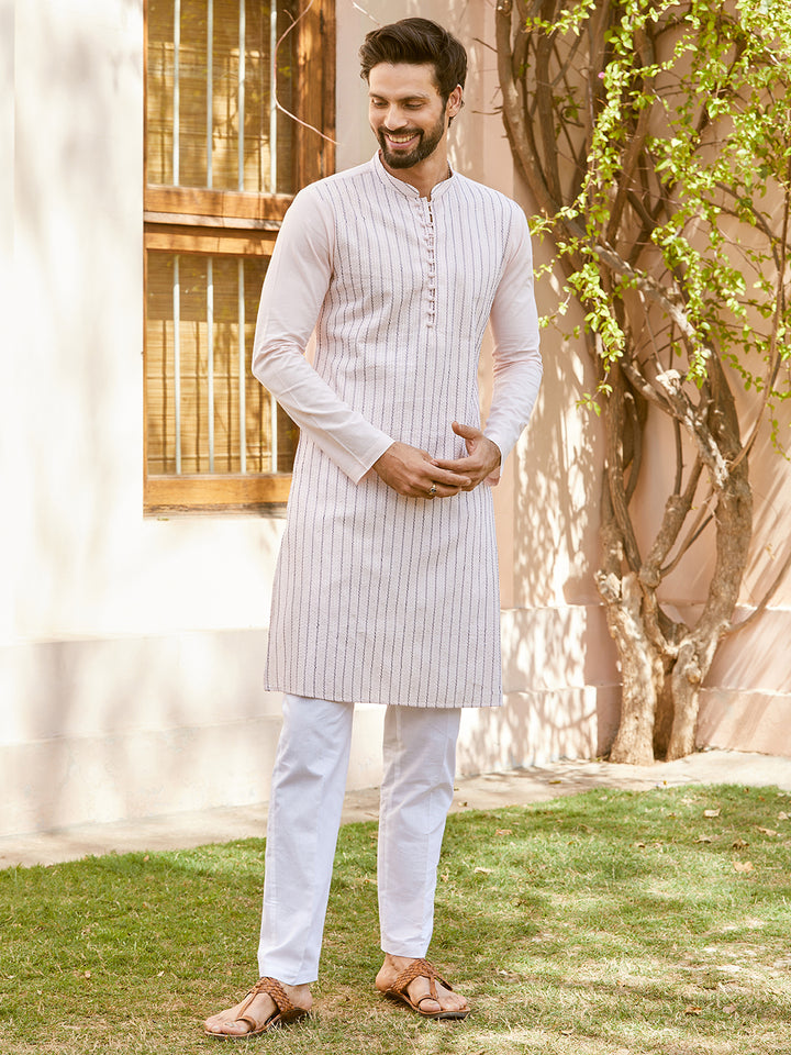 Thread & Sequin Worked Pure Cotton Straight Kurta with Pyjama