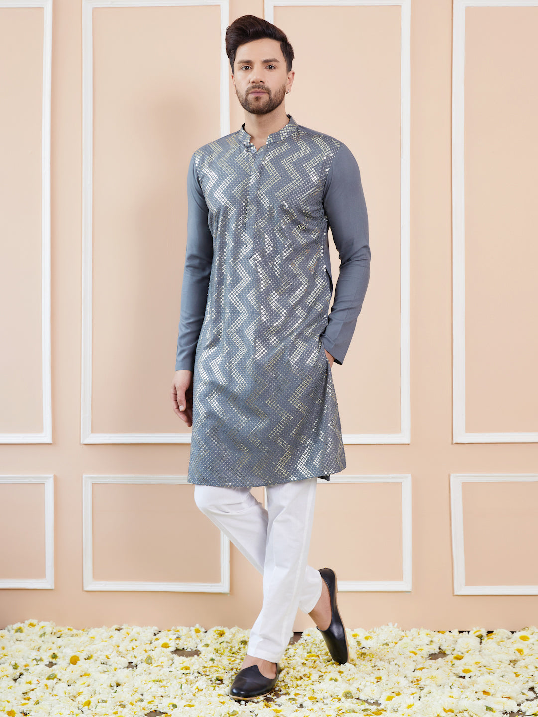 Grey Embroidered Rayon Straight Kurta with Pyjama