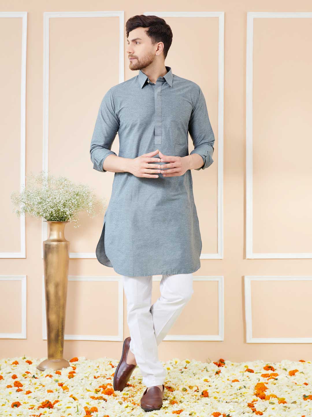 Grey Cotton Solid Pathani Kurta with Pyjama