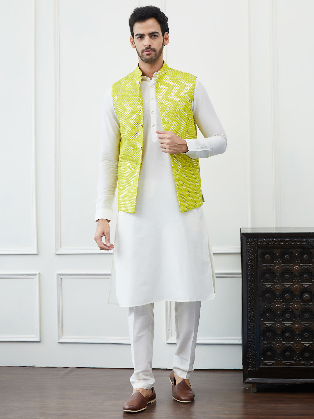 Pure Cotton Straight Kurta & Pyjama with Sequins Embroidered Nehru Jacket