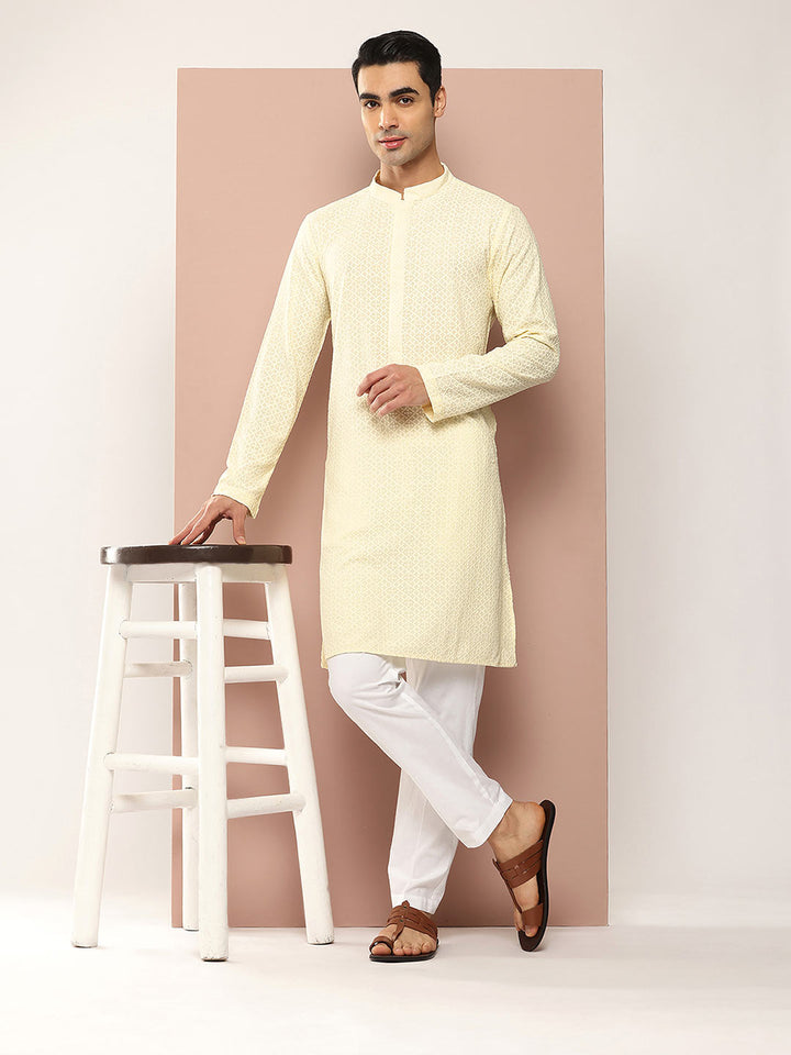 Men’s Cream Rayon Kurta with Embroidered Chikankari, Paired with Pyjama