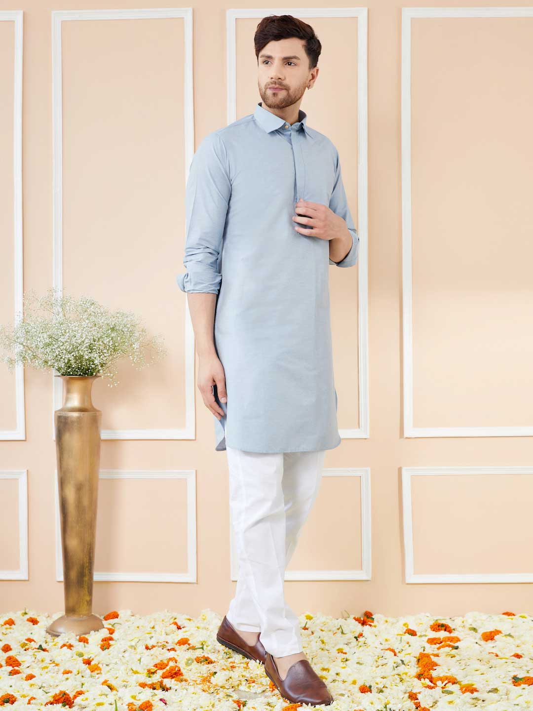 Blue Cotton Solid Pathani Kurta with Pyjama