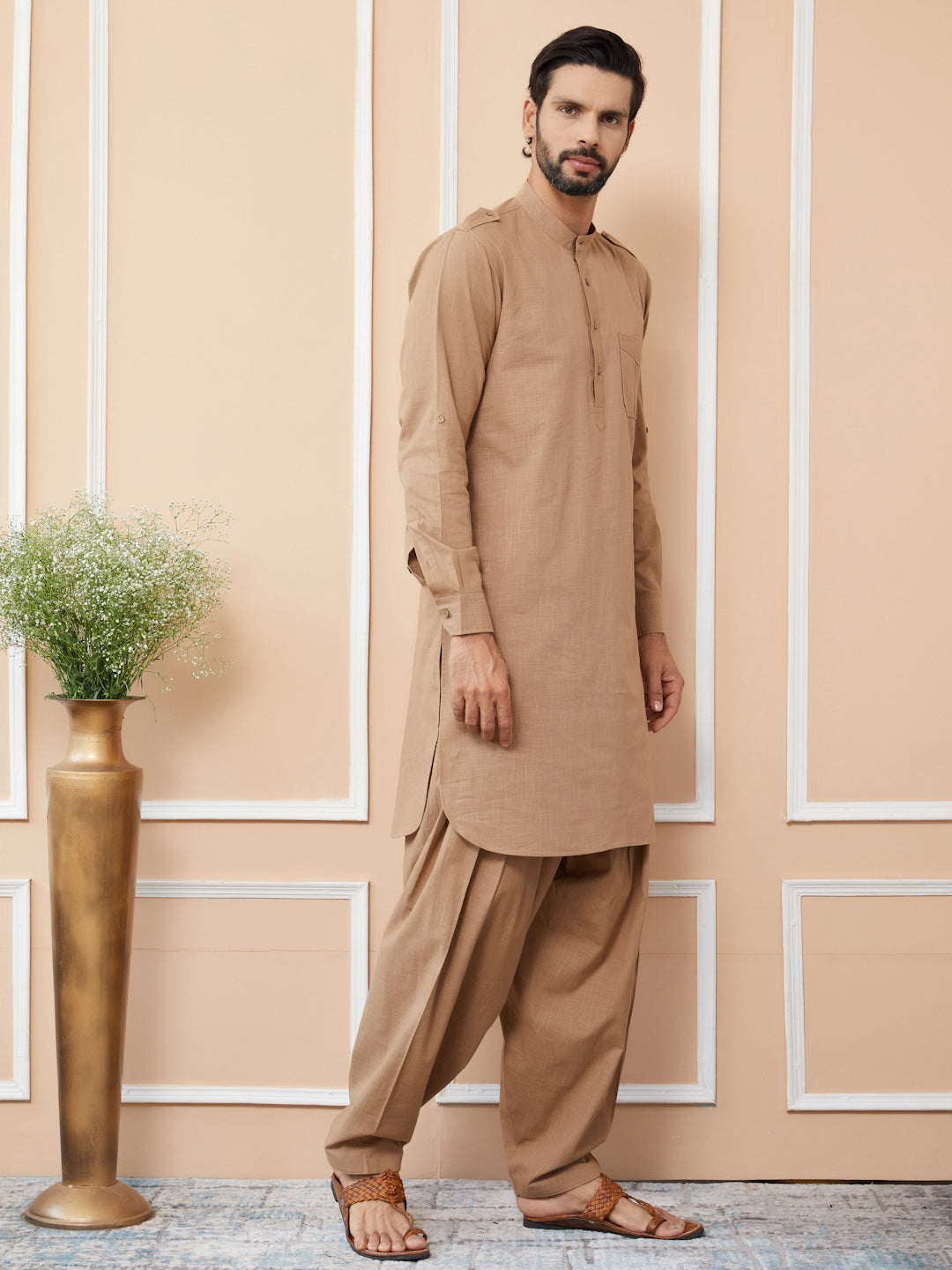 Light Brown Cotton Slub Pathani kurta with Salwar