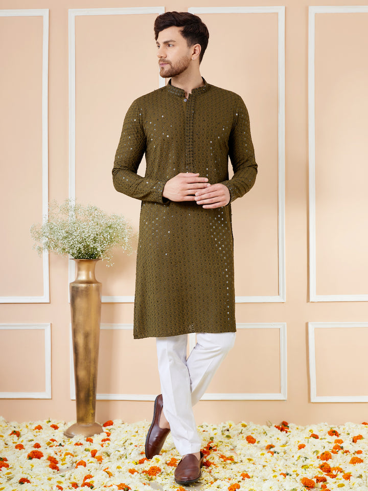 Olive Sequins Embroidered Rayon Kurta