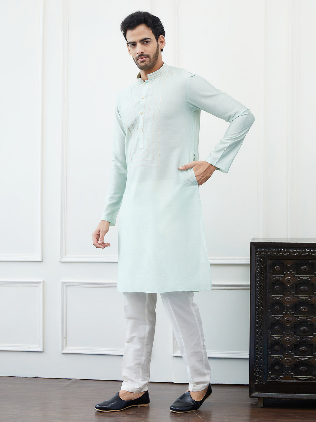 Solid Pure Cotton Straight Kurta with Gota Neck Design and Pyjama