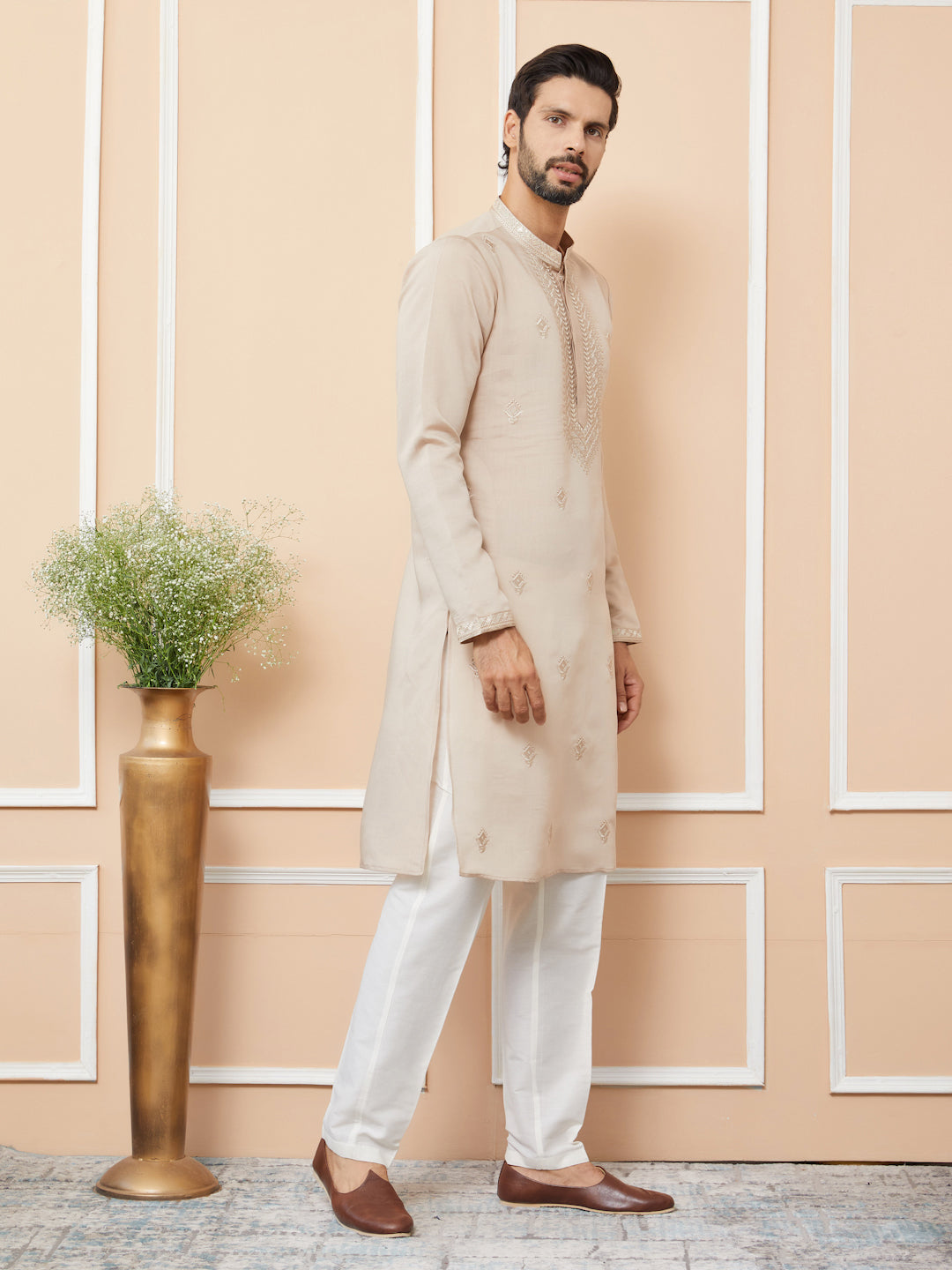 Beige Embroidered Chanderi Silk Straight Kurta with Pyjama