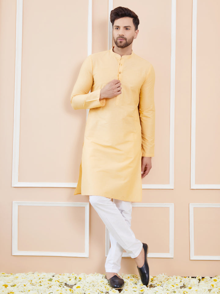 Beige Cotton Solid Straight Kurta