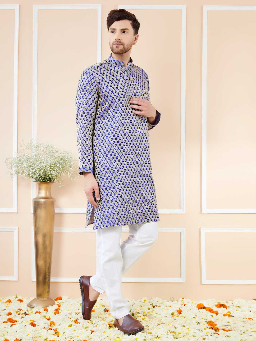 Blue Ethnic Motifs Silk Jacquard Woven Design Straight Kurta