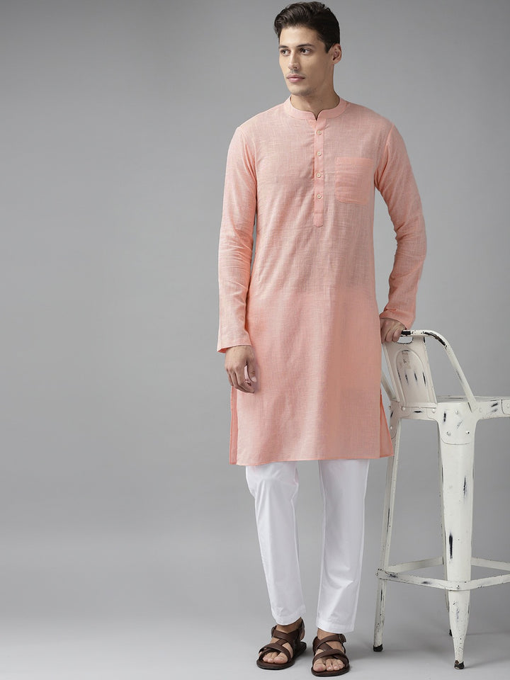 Men Light Pink Cotton Slub Straight Kurta with Pyjama