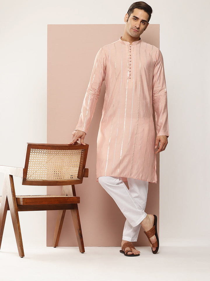 Men's Pink Chanderi Silk Kurta with Sequin Embroidery, Paired with Pyjama