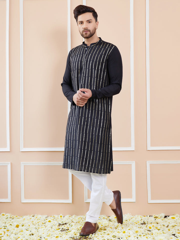 Men Black and Gold Sequins Embroidered Chanderi Silk Straight Kurta With Pyjama