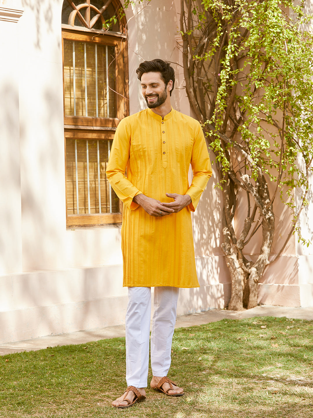 Pintuck Cotton Silk Straight Kurta with Pyjama