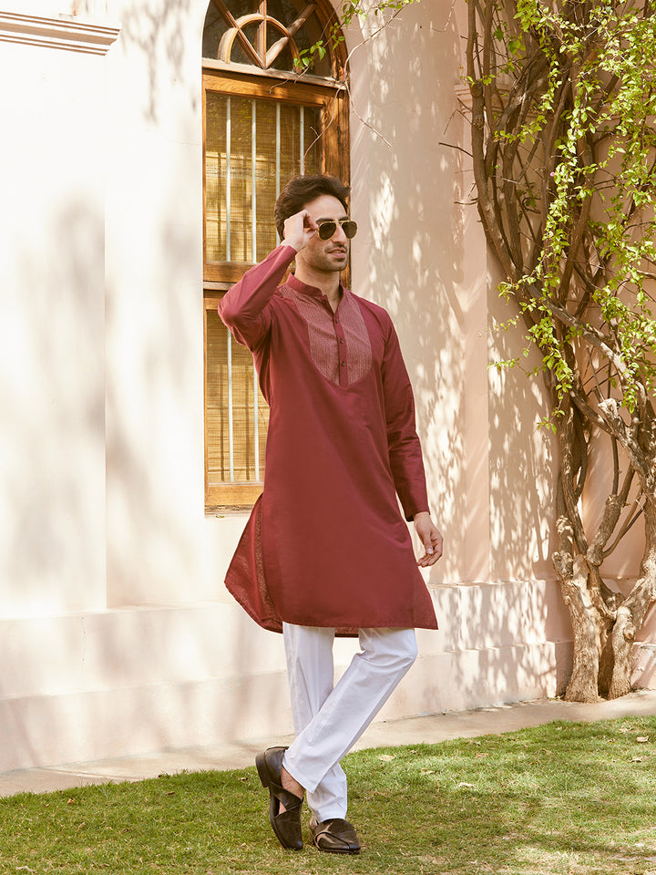 Pintuck Yoke Cotton Silk Straight Kurta with Pyjama