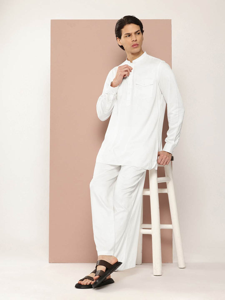 Men's White Rayon Solid Pathani Set