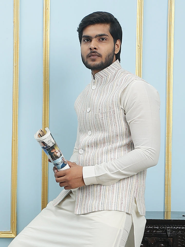 Pure Silk Straight Kurta & Pyjama Set with Handwoven Nehru Jacket