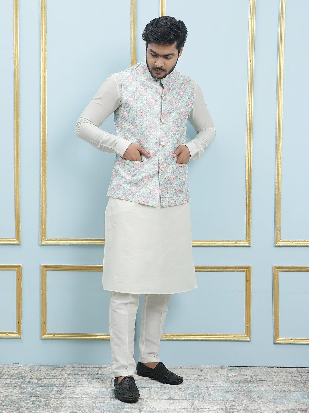 Pure Silk Kurta & Pyjama with Sequins Embroidered Nehru Jacket