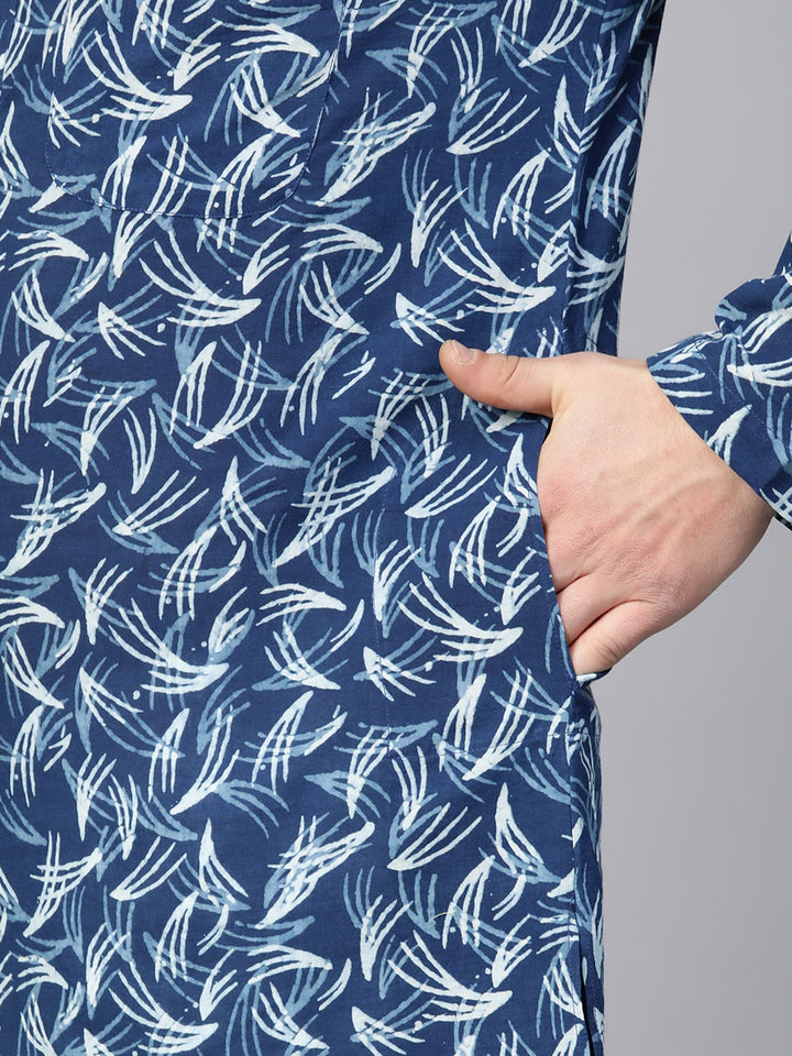 Blue Hand Block Printed straight kurta with Pyjama