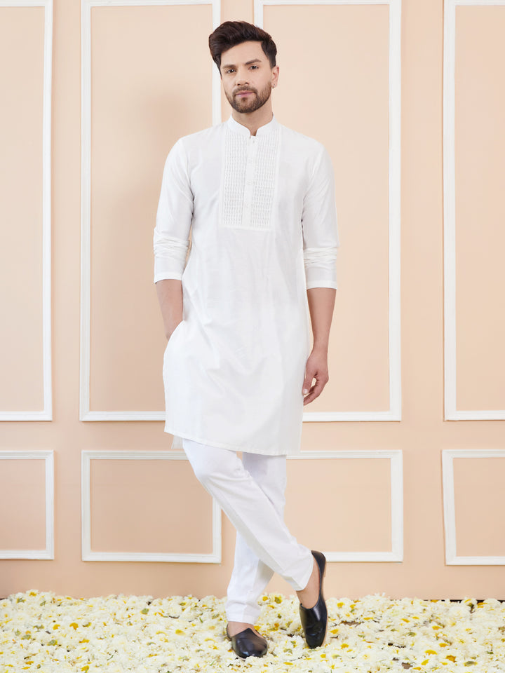 Off White Cotton Solid Straight Kurta with Embroidered Neck and Pyjama