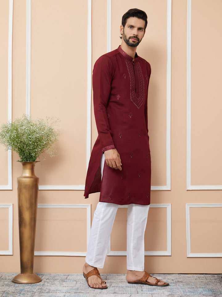 Dark Maroon Embroidered Chanderi Silk Straight Kurta