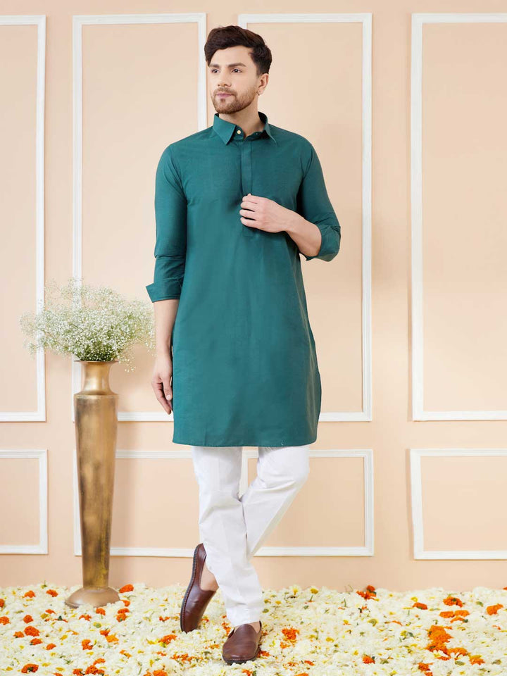 Green Cotton Solid Pathani Kurta