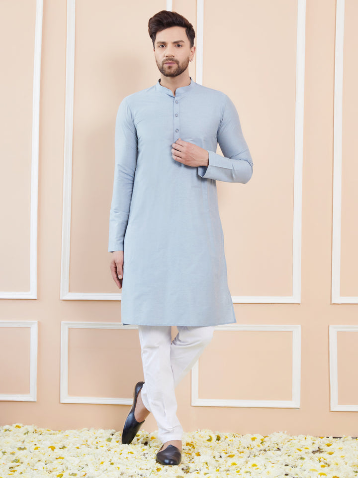 Blue Cotton Solid Straight Kurta with Pyjama