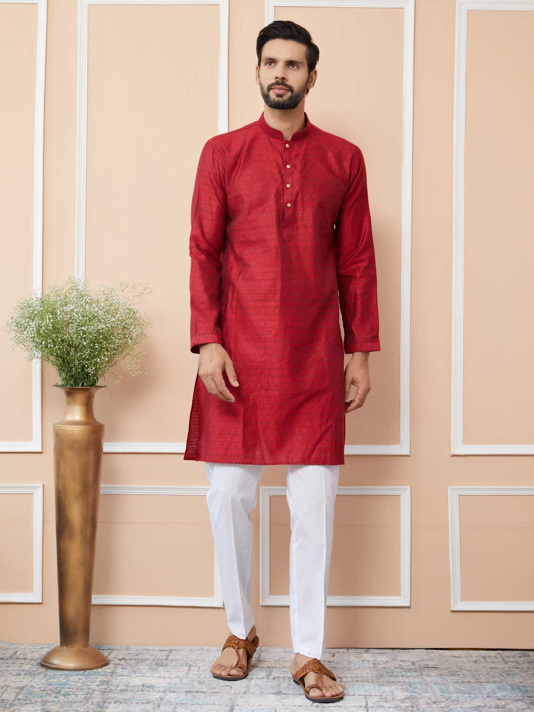 Red Ethnic Motifs Silk Jacquard Woven Design Straight Kurta with Pyjama