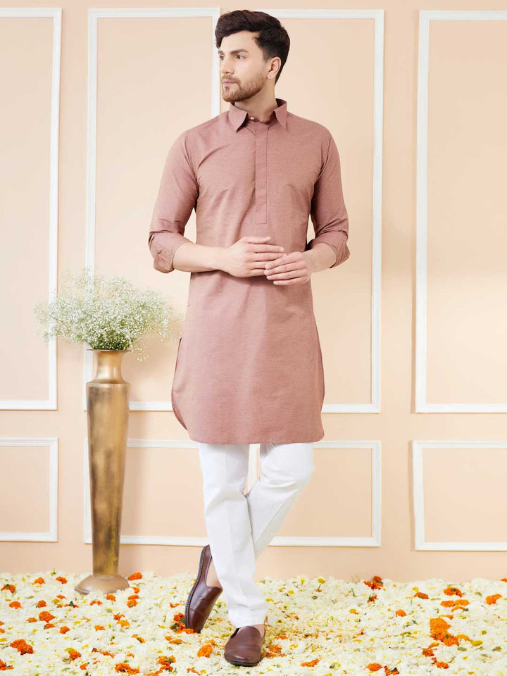 Brown Cotton Solid Pathani Kurta with Pyjama