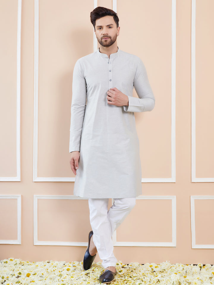 Off White Cotton Solid Straight Kurta with Pyjama