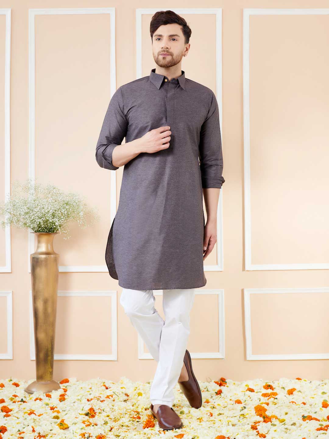 Grey Cotton Solid Pathani Kurta