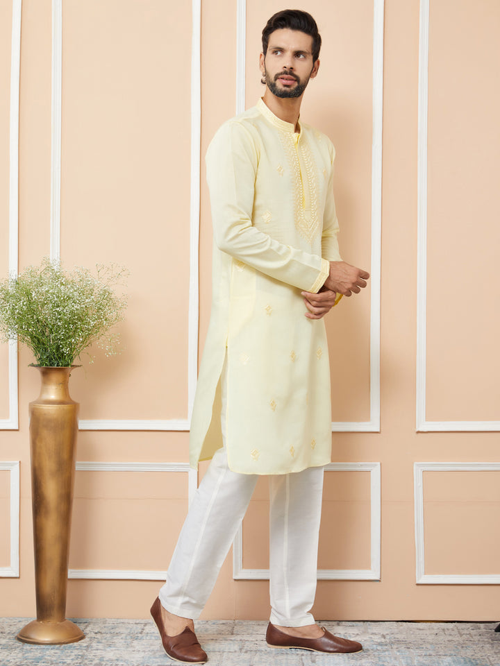 Yellow Embroidered Chanderi Silk Straight Kurta