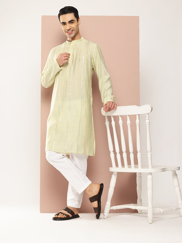 Men's Cream Chanderi Silk Kurta with Sequin Embroidery, Paired with Pyjama