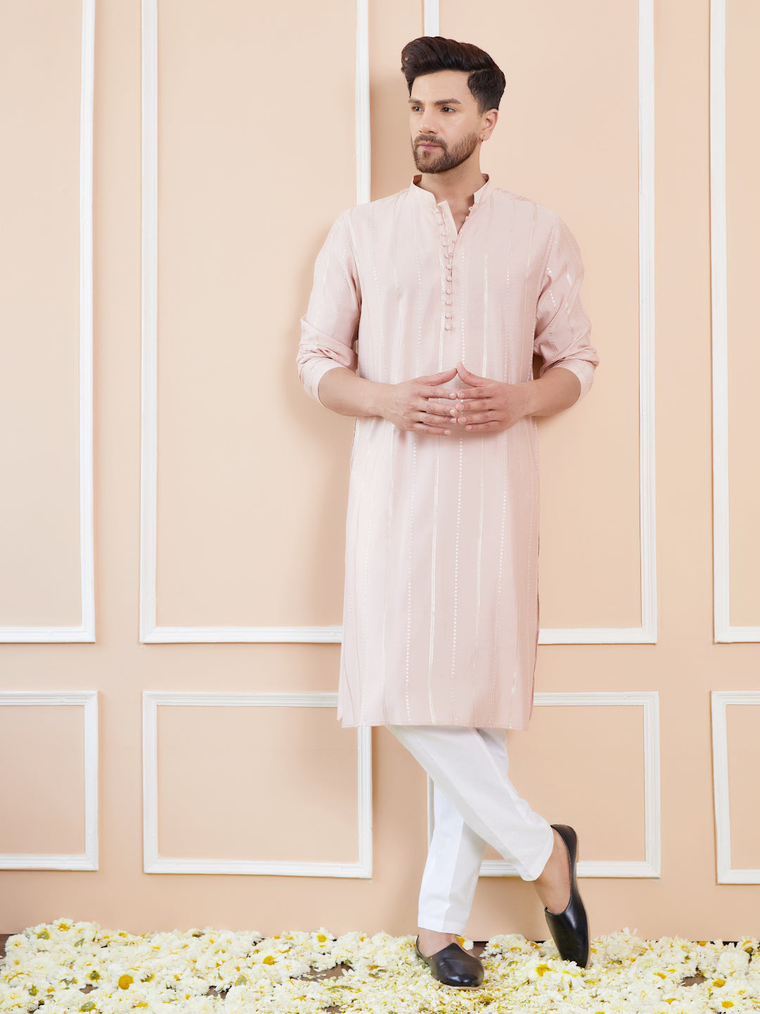 Men Pink and Gold Sequins Embroidered Chanderi Silk Straight Kurta With Pyjama