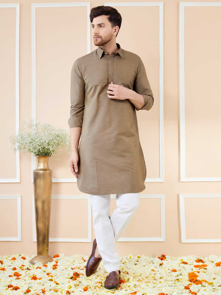 Brown Cotton Solid Pathani Kurta with Pyjama